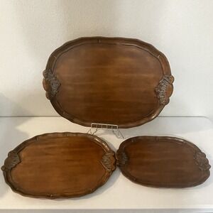 VTG GLOBAL VIEWS Scalloped Oval Wooden Serving Decorative Tray Set Carved Handle